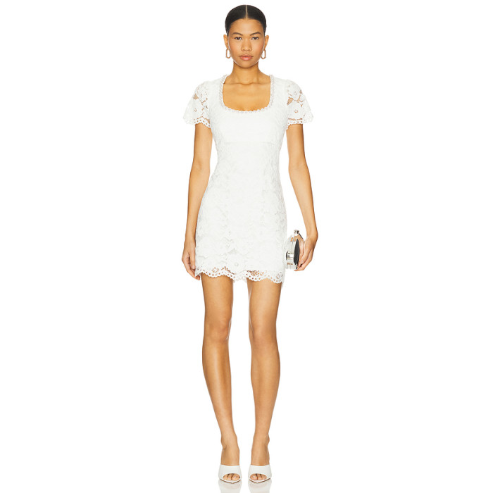 2025 Hot Sale Fashionable Elegant Style White Lace Square Neck Short Sleeved Mini Dress