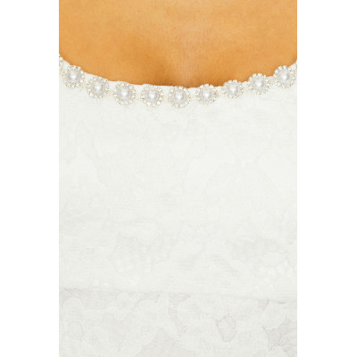 2025 Hot Sale Fashionable Elegant Style White Lace Square Neck Short Sleeved Mini Dress