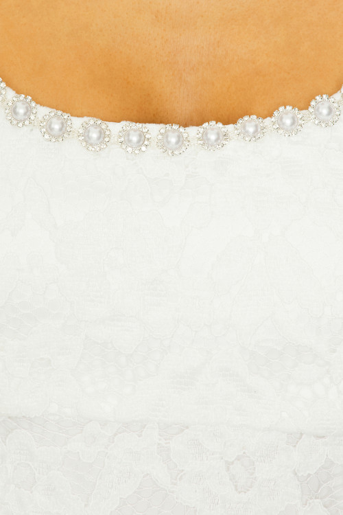 2025 Hot Sale Fashionable Elegant Style White Lace Square Neck Short Sleeved Mini Dress