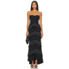 Fashionable Black Satin Strapless Tiered Tassels Asymmetrical Hem Design Dress