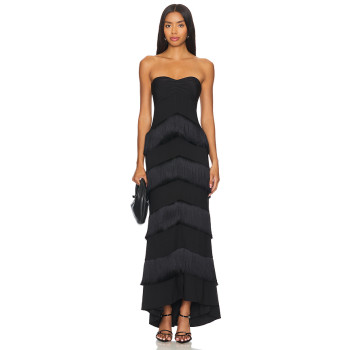 Fashionable Black Satin Strapless Tiered Tassels Asymmetrical Hem Design Dress
