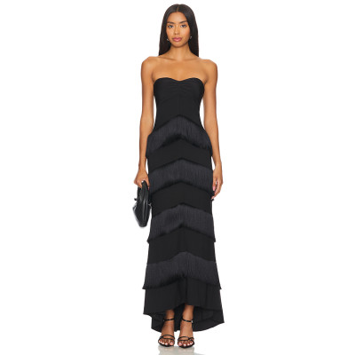 Fashionable Black Satin Strapless Tiered Tassels Asymmetrical Hem Design Dress