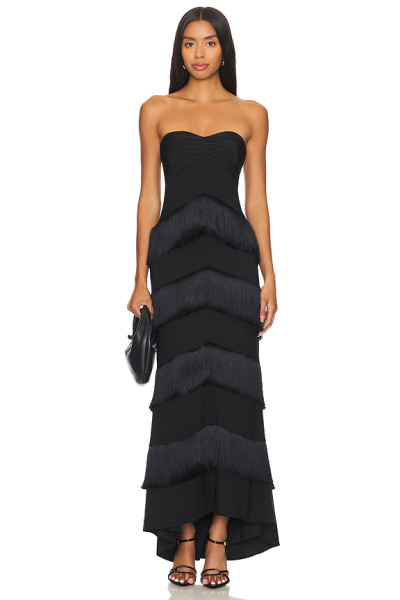Fashionable Black Satin Strapless Tiered Tassels Asymmetrical Hem Design Dress