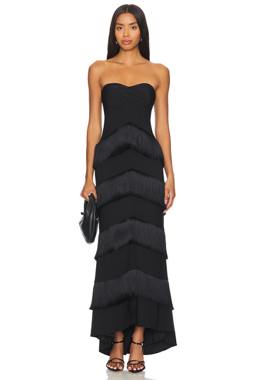 Fashionable Black Satin Strapless Tiered Tassels Asymmetrical Hem Design Dress