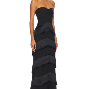 Fashionable Black Satin Strapless Tiered Tassels Asymmetrical Hem Design Dress