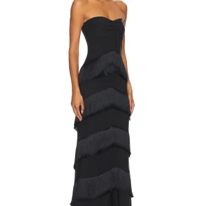 Fashionable Black Satin Strapless Tiered Tassels Asymmetrical Hem Design Dress