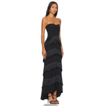 Fashionable Black Satin Strapless Tiered Tassels Asymmetrical Hem Design Dress