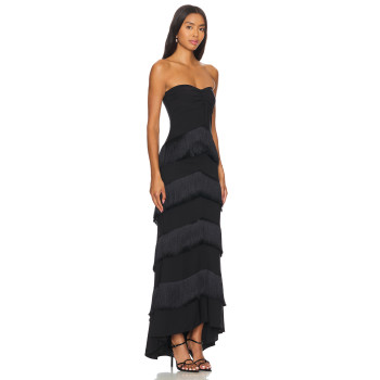 Fashionable Black Satin Strapless Tiered Tassels Asymmetrical Hem Design Dress