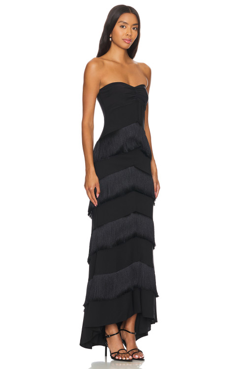 Fashionable Black Satin Strapless Tiered Tassels Asymmetrical Hem Design Dress