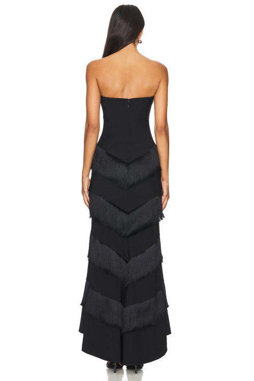 Fashionable Black Satin Strapless Tiered Tassels Asymmetrical Hem Design Dress