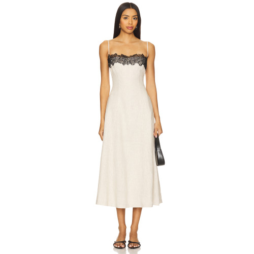 Elegant Vintage Off White Spaghetti Strap Lace Design Heavy Weight Linen Fabric Dress