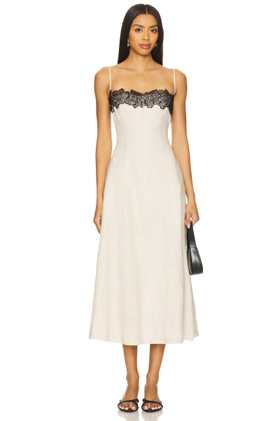 Elegant Vintage Off White Spaghetti Strap Lace Design Heavy Weight Linen Fabric Dress
