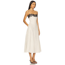 Elegant Vintage Off White Spaghetti Strap Lace Design Heavy Weight Linen Fabric Dress