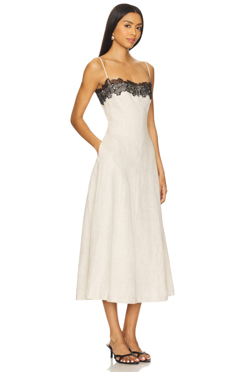 Elegant Vintage Off White Spaghetti Strap Lace Design Heavy Weight Linen Fabric Dress