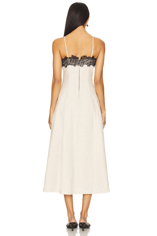 Elegant Vintage Off White Spaghetti Strap Lace Design Heavy Weight Linen Fabric Dress