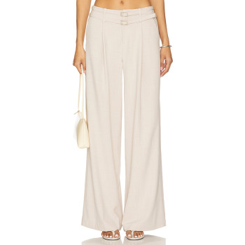Fashionable Wide Leg Casual Pleated Details Off White Color Double Buckle Design Trousers
