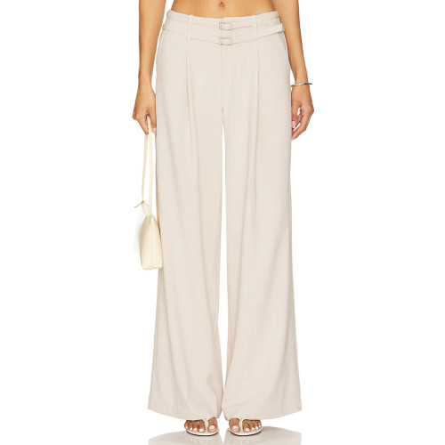 Fashionable Wide Leg Casual Pleated Details Off White Color Double Buckle Design Trousers
