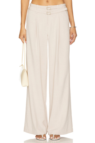 Fashionable Wide Leg Casual Pleated Details Off White Color Double Buckle Design Trousers