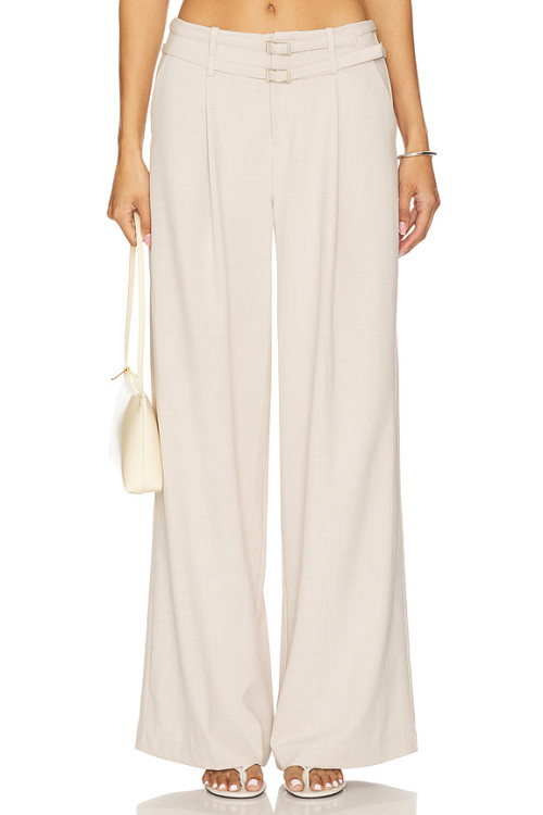 Fashionable Wide Leg Casual Pleated Details Off White Color Double Buckle Design Trousers
