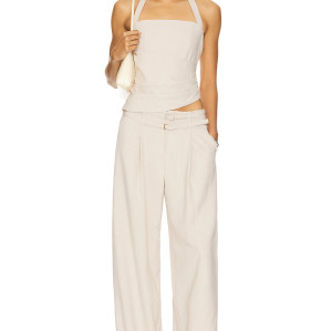 Fashionable Wide Leg Casual Pleated Details Off White Color Double Buckle Design Trousers