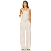 Fashionable Wide Leg Casual Pleated Details Off White Color Double Buckle Design Trousers