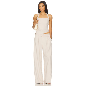 Fashionable Wide Leg Casual Pleated Details Off White Color Double Buckle Design Trousers