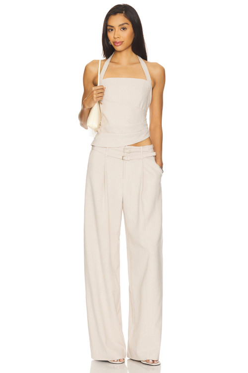 Fashionable Wide Leg Casual Pleated Details Off White Color Double Buckle Design Trousers
