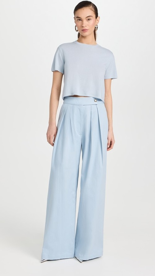 Casual Sample Pleated Waist Button Closure Slant Hip Pockets Solid Color Rest Pants