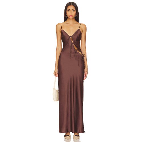 Alluring Chic Slinky Elegant Satin-finished High quality Woman's Cut out Long Dress