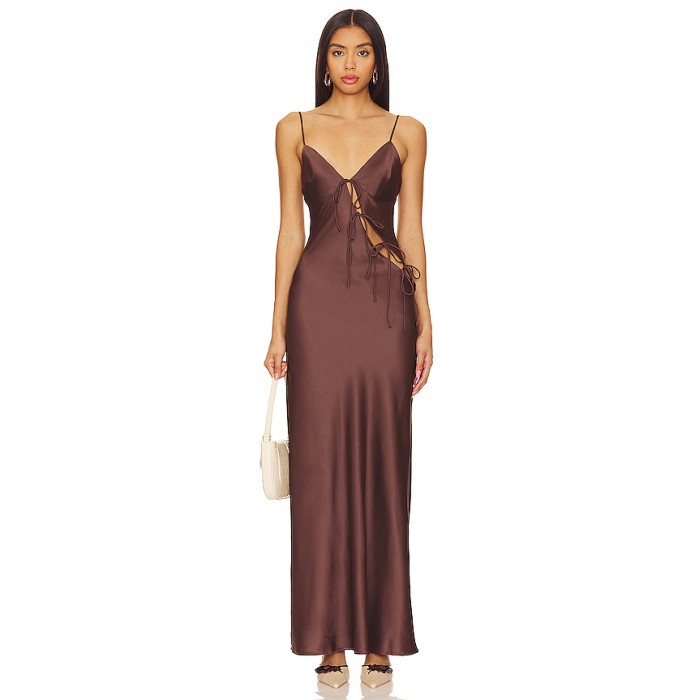 Alluring Chic Slinky Elegant Satin-finished High quality Woman's Cut out Long Dress