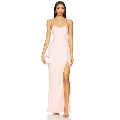 Hot Sale Fashionable Medium Weight Lace Pink Jacquard Open Back Halter Slit Long Dress