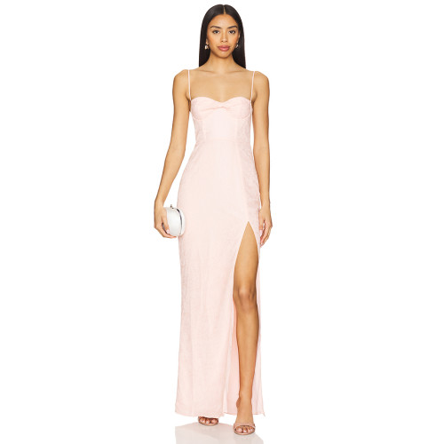 Hot Sale Fashionable Medium Weight Lace Pink Jacquard Open Back Halter Slit Long Dress