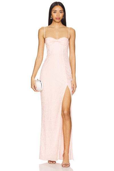 Hot Sale Fashionable Medium Weight Lace Pink Jacquard Open Back Halter Slit Long Dress