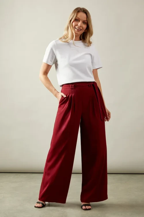 Sport Sample Self-Tie Belt High-Waist Side Pockets Solid Color Casual Pants