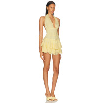 2025 Fashionable Asymmetric Hem V neckline Halter neckline Backless Woman's Mini Dress