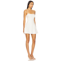 Delicate Beaded Spaghetti Strap Backless Mid Weight Linen Flared White Sweet Mini Dress