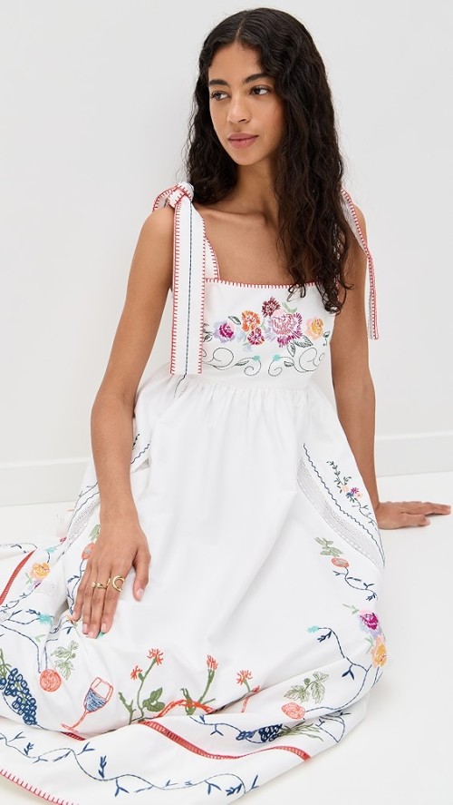 Sample Cute Square Neckline Camisole High Waist Floral Embroidered Casual Dress