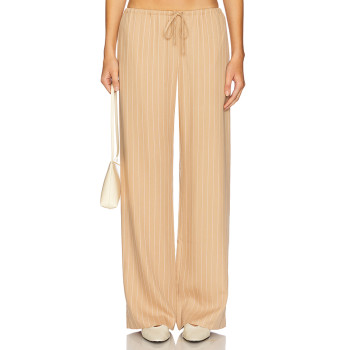 Beige Vertical Striped Wide Leg Casual Drawstring Waist Back Pockets Pants