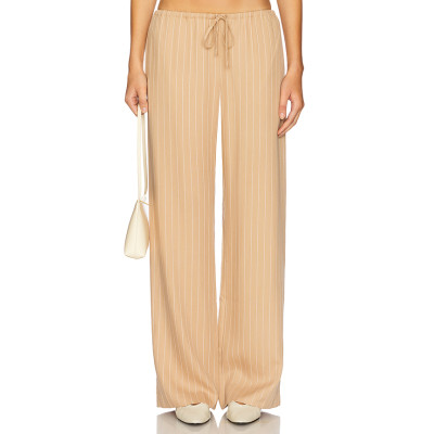 Beige Vertical Striped Wide Leg Casual Drawstring Waist Back Pockets Pants