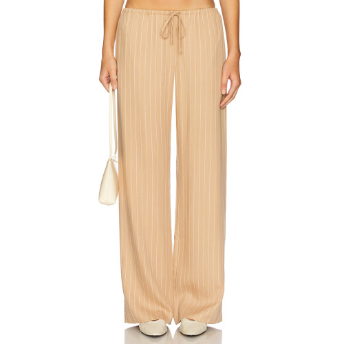 Beige Vertical Striped Wide Leg Casual Drawstring Waist Back Pockets Pants