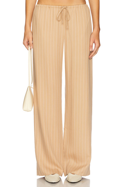 Beige Vertical Striped Wide Leg Casual Drawstring Waist Back Pockets Pants