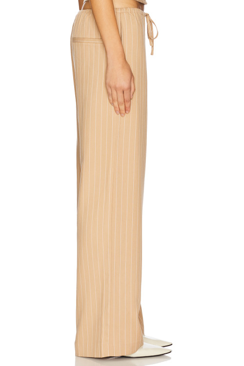 Beige Vertical Striped Wide Leg Casual Drawstring Waist Back Pockets Pants
