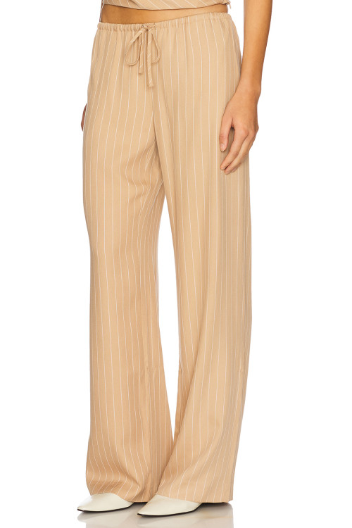 Beige Vertical Striped Wide Leg Casual Drawstring Waist Back Pockets Pants