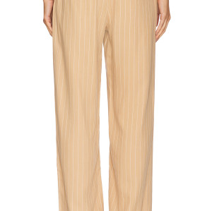 Beige Vertical Striped Wide Leg Casual Drawstring Waist Back Pockets Pants