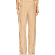 Beige Vertical Striped Wide Leg Casual Drawstring Waist Back Pockets Pants