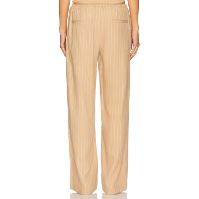 Beige Vertical Striped Wide Leg Casual Drawstring Waist Back Pockets Pants