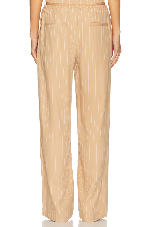 Beige Vertical Striped Wide Leg Casual Drawstring Waist Back Pockets Pants