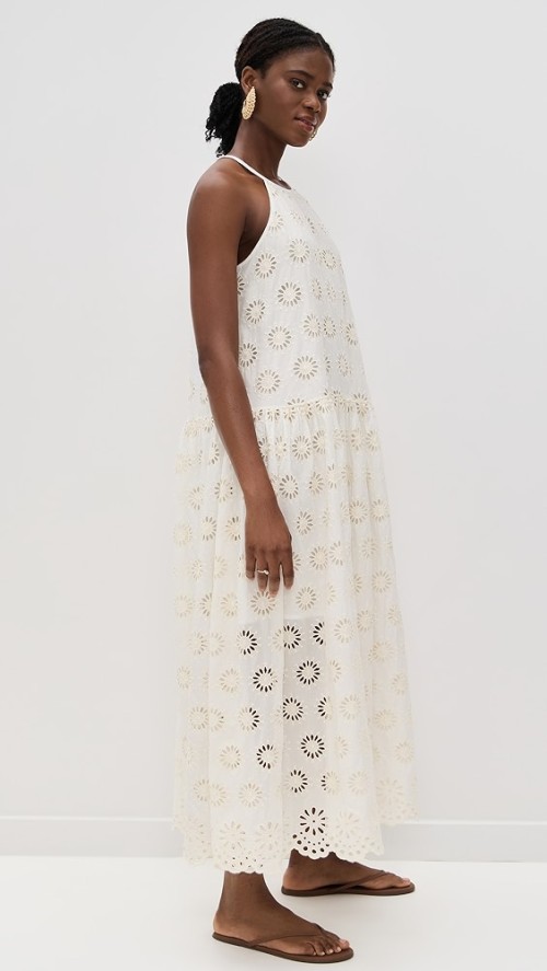 Elegant Halter Neckline Sleeveless Mid Waist Embroidered Floral Eyelets Casual Dress
