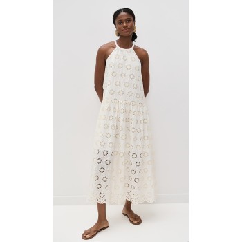 Elegant Halter Neckline Sleeveless Mid Waist Embroidered Floral Eyelets Casual Dress