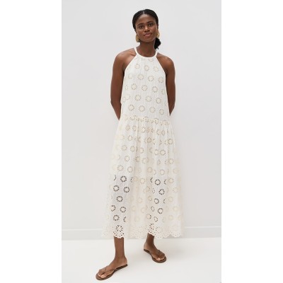 Elegant Halter Neckline Sleeveless Mid Waist Embroidered Floral Eyelets Casual Dress